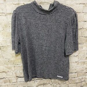 DKNY Jeans Gray Black Striped Soft Mock Neck Zip Back Knit Top
